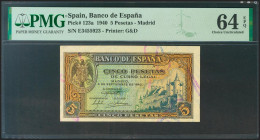 5 Pesetas. 4 de Septiembre de 1940. Serie E. (Edifil 2021: 443a, Pick: 123a). Inusual en esta calidad, apresto original. SC. Encapsulado PMG64EPQ.