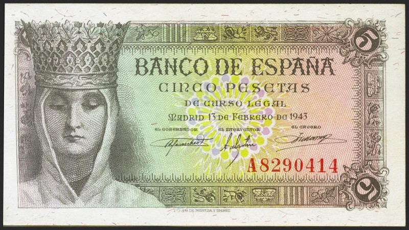 5 Pesetas. 13 de Febrero de 1943. Serie A. (Edifil 2021: 446a). Apresto original...