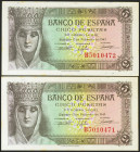 5 Pesetas. 13 de Febrero de 1943. Pareja correlativa. Serie B. (Edifil 2021: 446a). Puntitos del tiempo. SC-.