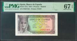 5 Pesetas. 13 de Febrero de 1943. Serie F. (Edifil 2021: 446a, Pick: 127a). Muy raro en esta calidad, apresto original. SC. Encapsulado PMG67EPQ.