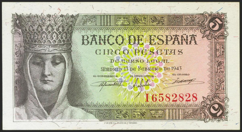 5 Pesetas. 13 de Febrero de 1943. Serie I. (Edifil 2021: 446a). Apresto original...