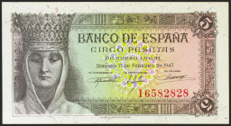 5 Pesetas. 13 de Febrero de 1943. Serie I. (Edifil 2021: 446a). Apresto original. SC-.