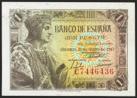 1 Peseta. 21 de Mayo de 1943. Serie C. (Edifil 2021: 447a). Conserva gran parte del apresto original. SC.