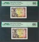 1 Pesetas. 21 de Mayo de 1943. Pareja correlativa. Sin serie. (Edifil 2021: 447, Pick: 126a). Rara en esta calidad, apresto original. SC. Encapsulado ...