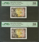 1 Peseta. 21 de Mayo de 1943. Pareja correlativa. Sin serie. (Edifil 2021: 447, Pick: 126a). EBC++. Encapsulados PMG58, ambos.