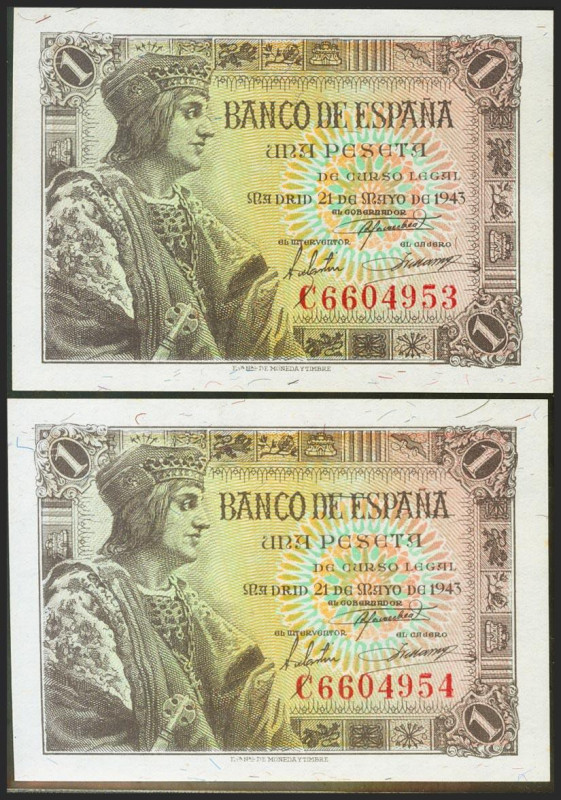 1 Peseta. 21 de Mayo de 1943. Pareja correlativa. Serie C. (Edifil 2021: 447a). ...