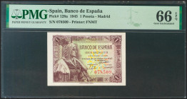 1 Pesetas. 15 de Junio de 1945. Sin serie. (Edifil 2021: 448, Pick: 128a). Raro en esta calidad, apresto original. SC. Encapsulado PMG66EPQ.