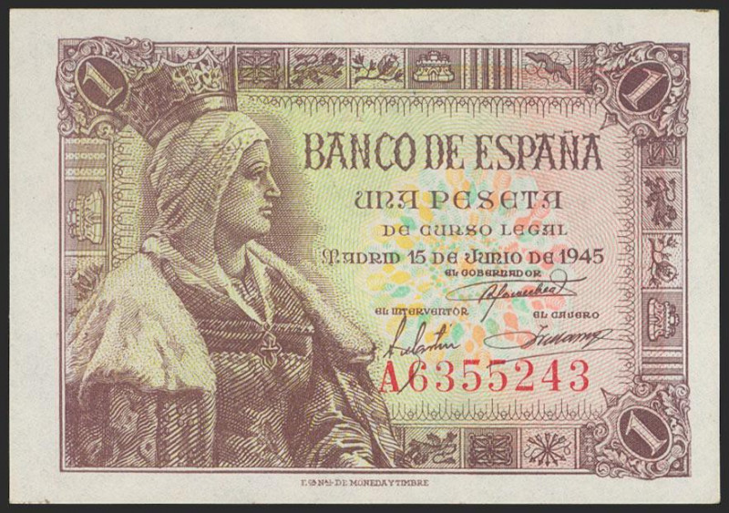 1 Peseta. 15 de Junio de 1945. Serie A. (Edifil 2021: 448a). Apresto original. S...