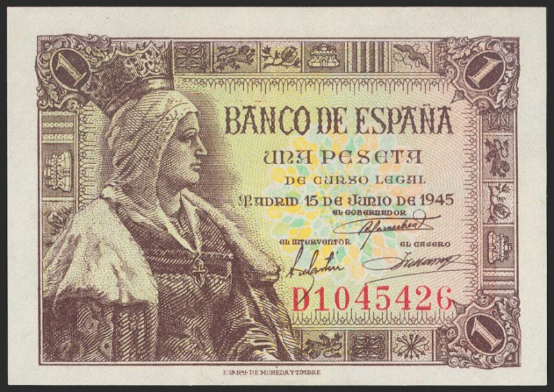 1 Peseta. 15 de Junio de 1945. Serie D. (Edifil 2021: 448a). Conserva gran parte...