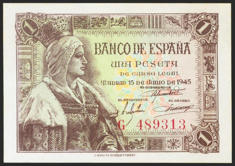 1 Peseta. 15 de Junio de 1945. Serie G. (Edifil 2021: 448a). Apresto original. S...