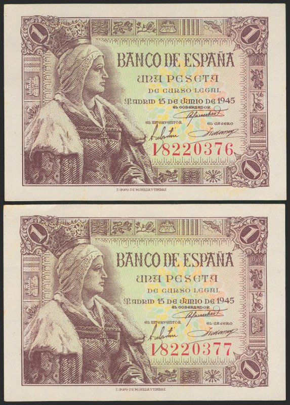 1 Peseta. 15 de Junio de 1945. Pareja correlativa. Serie I. (Edifil 2021: 448a)....