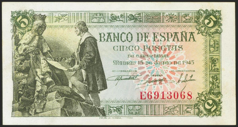 5 Pesetas. 15 de Junio de 1945. Serie E. (Edifil 2021: 449a). Apresto original. ...