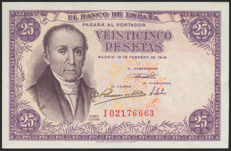 25 Pesetas. 19 de Febrero de 1946. Serie I. (Edifil 2021: 450a). Conserva gran p...