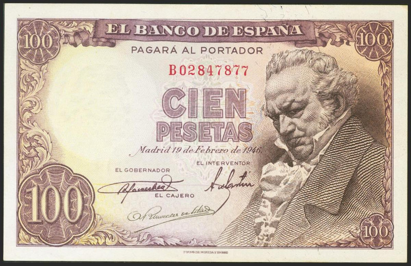 100 Pesetas. 19 de Febrero de 1946. Serie B, última serie emitida. (Edifil 2021:...