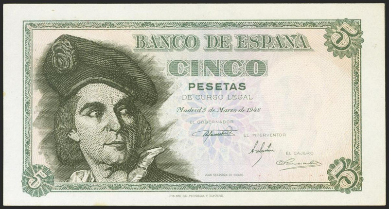 5 Pesetas. 5 de Marzo de 1948. Serie D. (Edifil 2021: 455a). Apresto original. S...