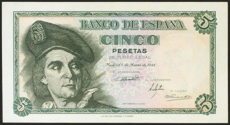 5 Pesetas. 5 de Marzo de 1948. Serie M. (Edifil 2021: 455a). Apresto original. S...