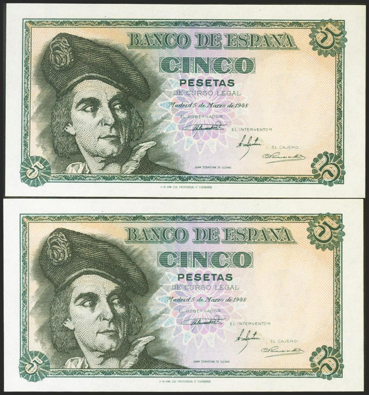 5 Pesetas. 5 de Marzo de 1948. Pareja correlativa. Sin serie. (Edifil 2021: 455)...