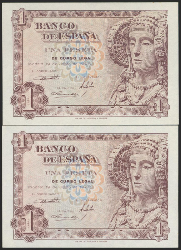 1 Peseta. 19 de Junio de 1948. Pareja correlativa. Sin serie y numeración baja. ...