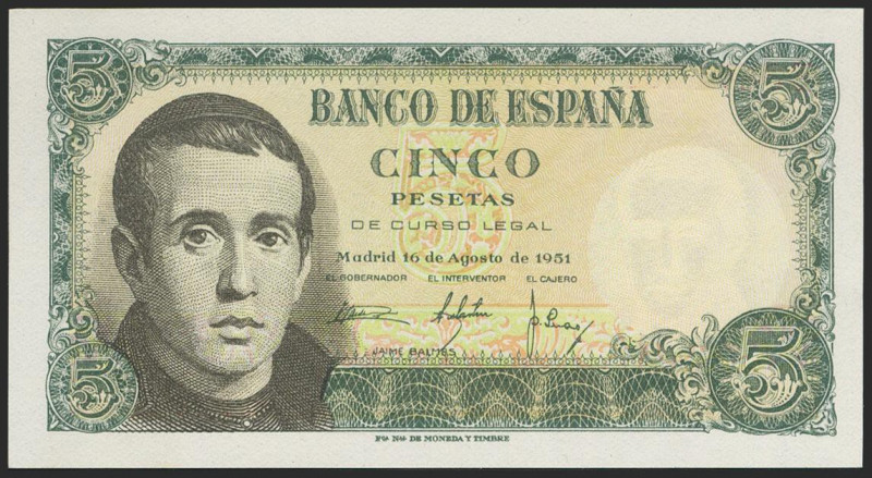 5 Pesetas. 16 de Agosto de 1951. Serie E. (Edifil 2021: 459a). Apresto original....