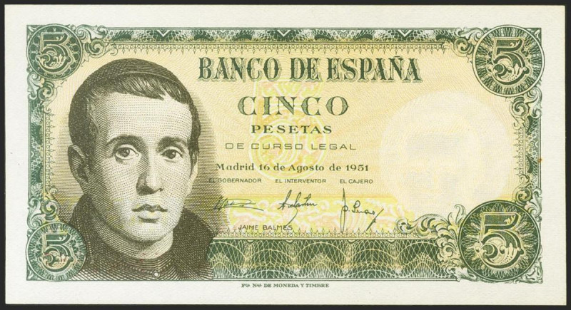 5 Pesetas. 16 de Agosto de 1951. Serie N. (Edifil 2021: 459a). Apresto original....