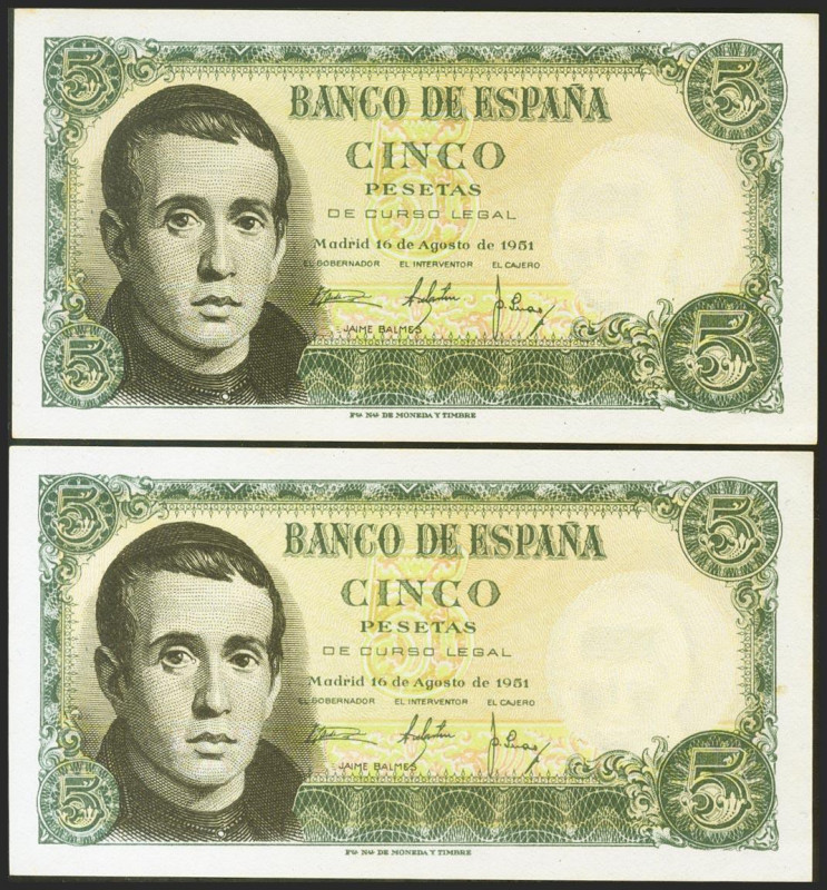 5 Pesetas. 16 de Agosto de 1951. Pareja correlativa. Serie A. (Edifil 2021: 459a...