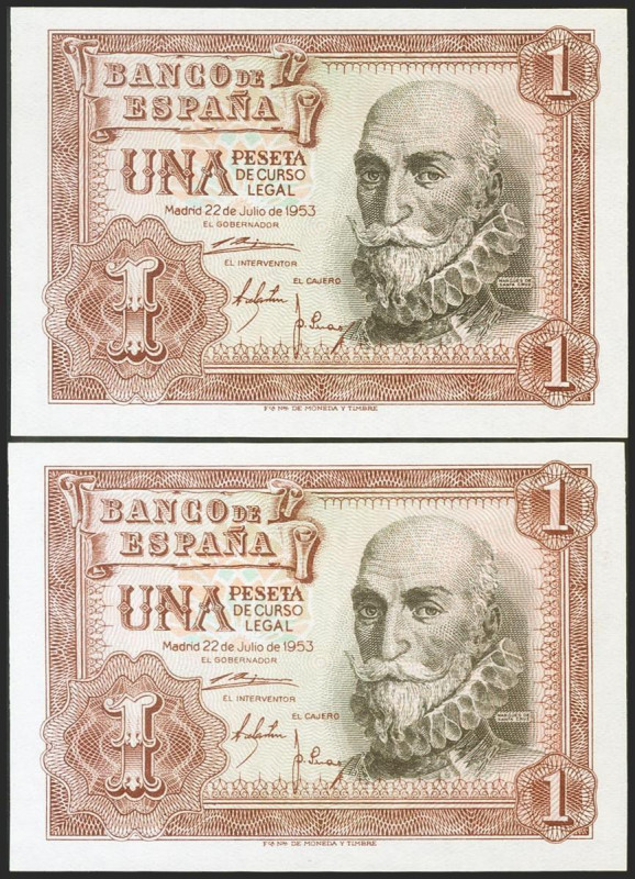 1 Peseta. 22 de Julio de 1953. Pareja correlativa. Serie Q. (Edifil 2021: 465a)....