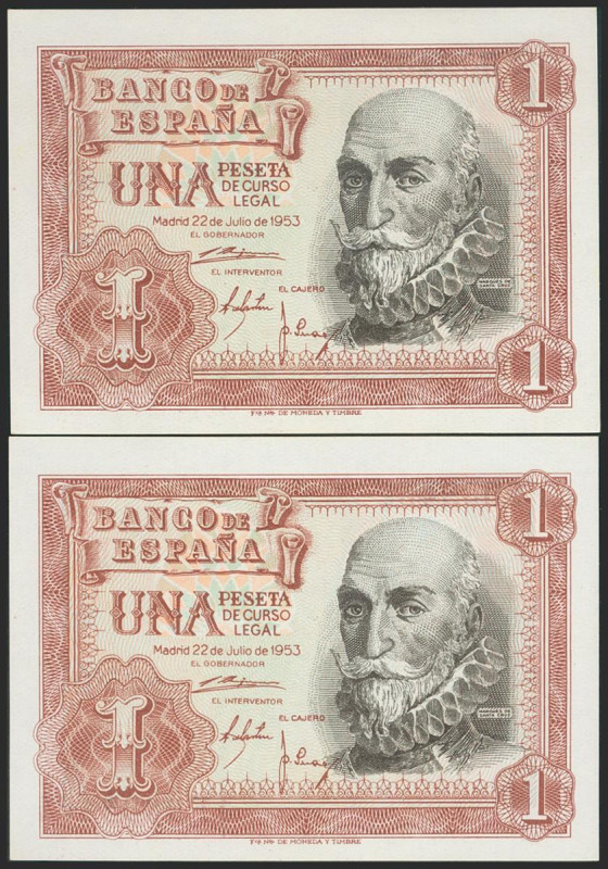 1 Peseta. 22 de Julio de 1953. Pareja correlativa. Serie 1F. (Edifil 2021: 465a)...