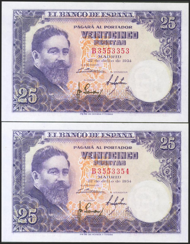 25 Pesetas. 22 de Julio de 1954. Pareja correlativa. Serie B. (Edifil 2017: 467a...