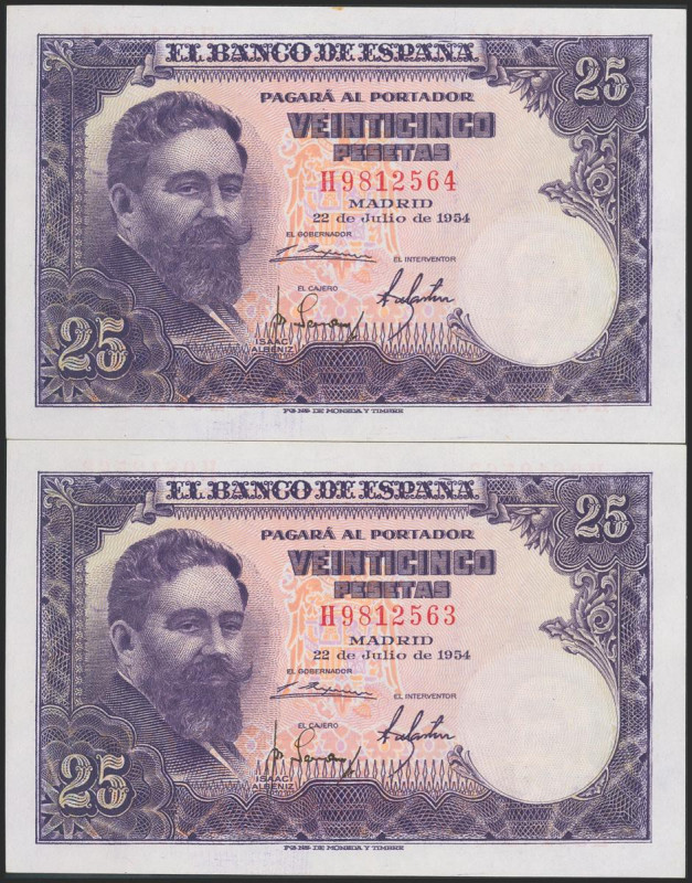 25 Pesetas. 22 de Julio de 1954. Pareja correlativa. Serie H. (Edifil 2017: 467a...