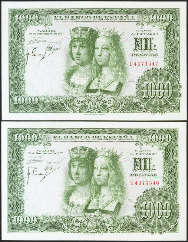 1000 Pesetas. 29 de Noviembre de 1957. Pareja correlativa. Serie U. (Edifil 2021...