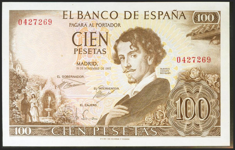 100 Pesetas. 19 de Noviembre de 1965. Sin serie y numeración baja. (Edifil 2017:...