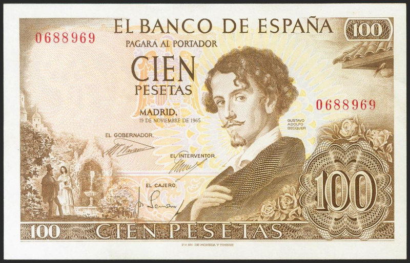 100 Pesetas. 17 de Noviembre de 1965. Sin serie. (Edifil 2021: 470). Apresto ori...