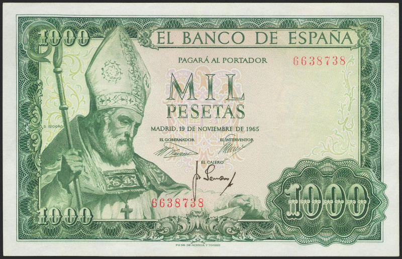 1000 Pesetas. 19 de Noviembre de 1965. Sin serie. (Edifil 2021: 471). Conserva p...