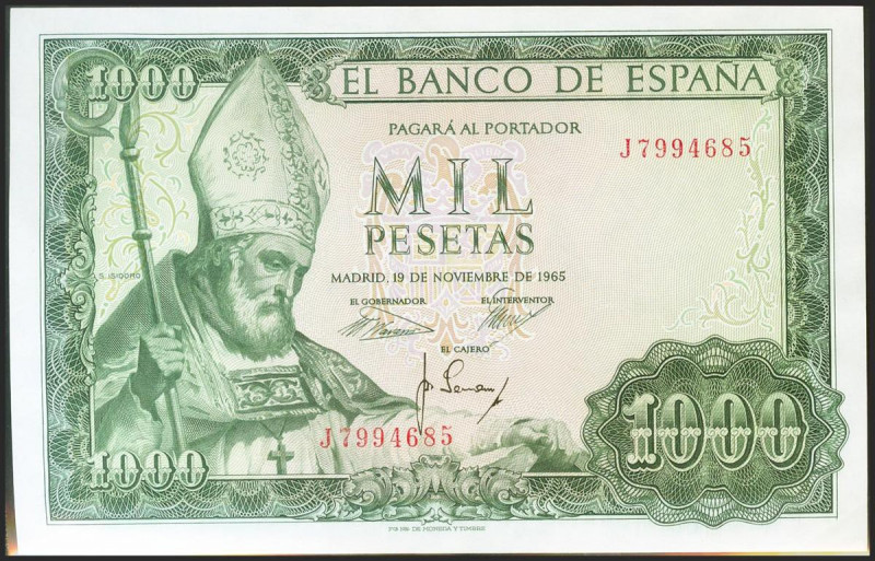 1000 Pesetas. 19 de Noviembre de 1965. Serie J. (Edifil 2021: 471b). Apresto ori...