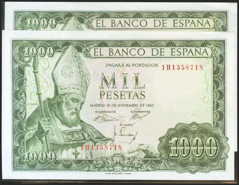 1000 Pesetas. 19 de Noviembre de 1965. Pareja correlativa. Serie 1H. (Edifil 202...