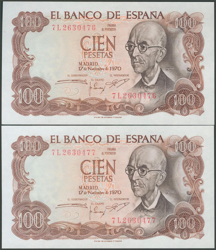 100 Pesetas. 17 de Noviembre de 1970. Pareja correlativa. Serie 7L. (Edifil 2017...