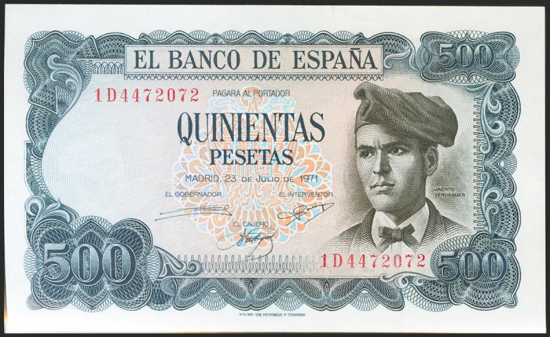 500 Pesetas. 23 de Julio de 1971. Serie 1D. (Edifil 2021: 473a). Apresto origina...