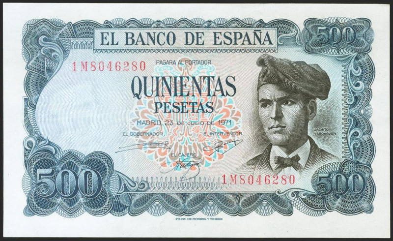 500 Pesetas. 23 de Julio de 1971. Serie 1M. (Edifil 2021: 473a). Apresto origina...