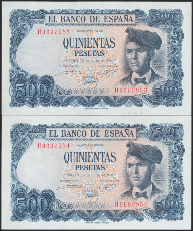 500 Pesetas. 23 de Julio de 1971. Pareja correlativa. Serie H. (Edifil 2021: 473...