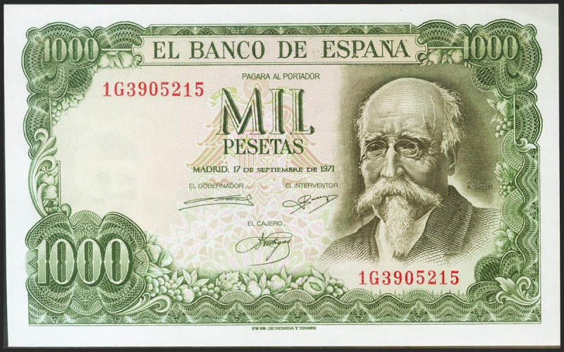 1000 Pesetas. 17 de Septiembre de 1971. Serie 1G. (Edifil 2021: 474c). Apresto o...