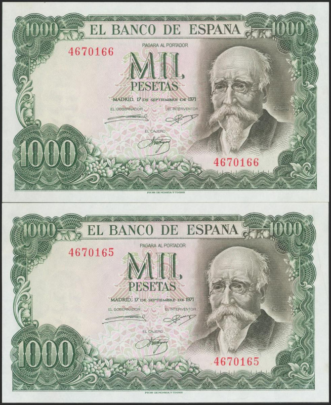 1000 Pesetas. 17 de Septiembre de 1971. Sin serie. Pareja correlativa. (Edifil 2...