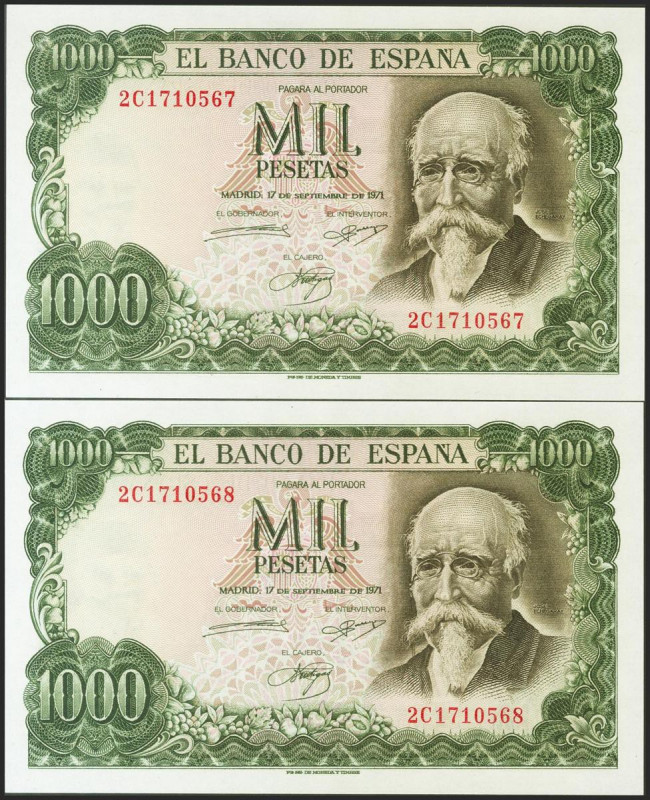 1000 Pesetas. 17 de Septiembre de 1971. Pareja correlativa. Serie 2C. (Edifil 20...