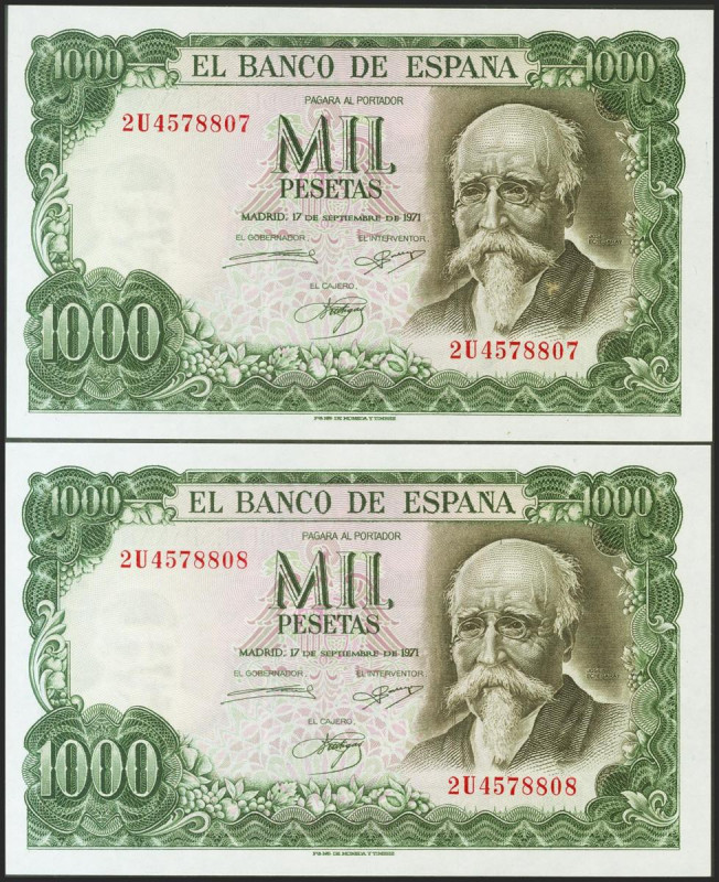 1000 Pesetas. 17 de Septiembre de 1971. Pareja correlativa. Serie 2U. (Edifil 20...