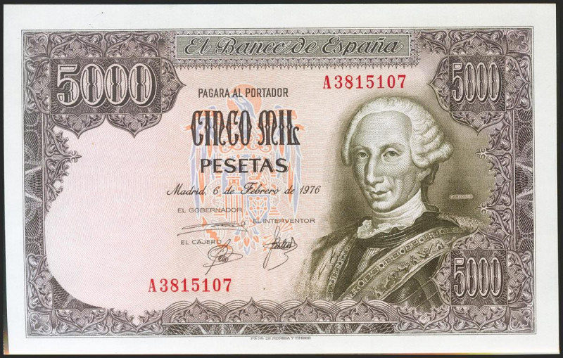 5000 Pesetas. 6 de Febrero de 1976. Serie A. (Edifil 2021: 475a). SC.