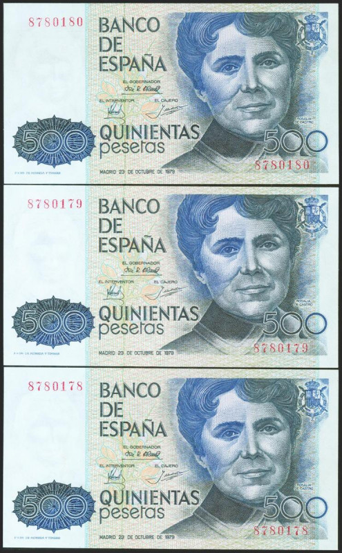 500 Pesetas. 23 de Octubre de 1973. Trío correlativo. Sin serie. (Edifil 2021: 4...