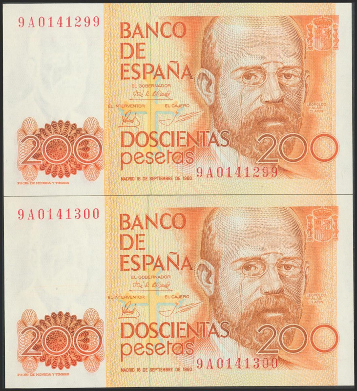 200 Pesetas. 16 de Septiembre de 1980. Pareja correlativa. Serie 9A, numeración ...