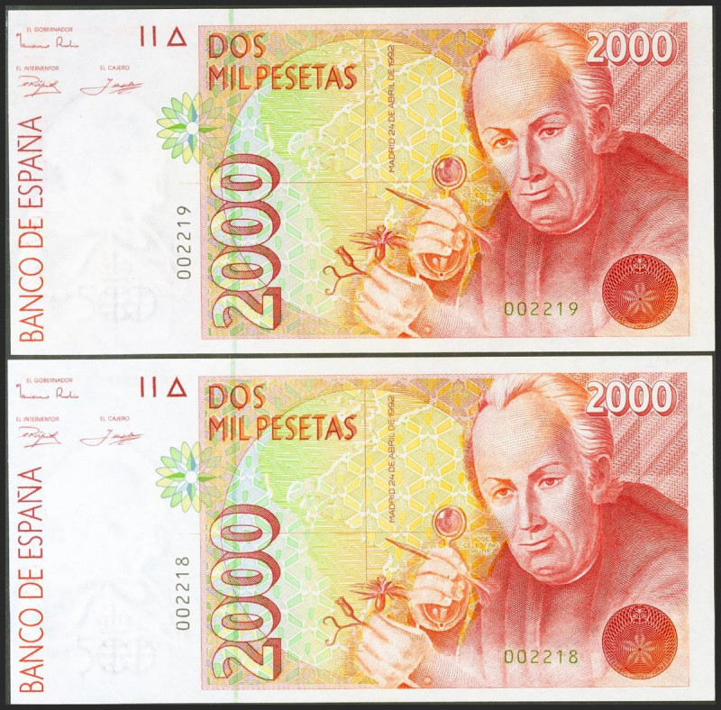 2000 Pesetas. 24 de Abril de 1992. Pareja correlativa. Sin serie y numeración mu...