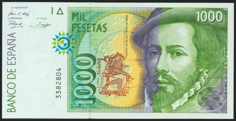 1000 Pesetas. 12 de Octubre de 1992. Sin serie. (Edifil 2021: 483). SC.