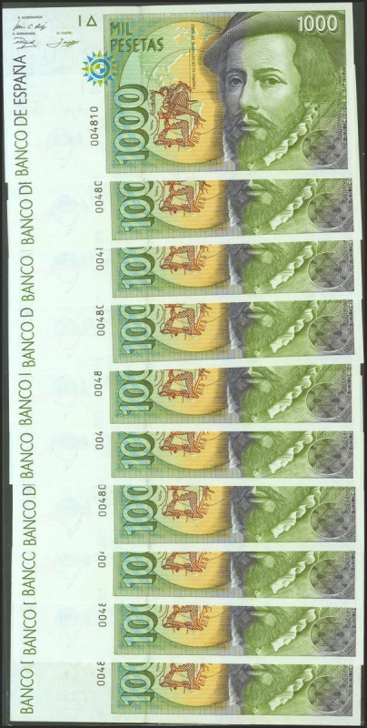 Conjunto de 10 billetes de 1000 Pesetas emitidos el 12 de Octubre de 1992 del Ti...