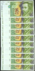Conjunto de 10 billetes de 1000 Pesetas emitidos el 12 de Octubre de 1992 del Tipo I, sin serie y numeración muy baja (Edifil 2021: 483). SC.